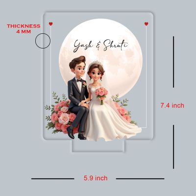 Personalized Wedding Couple LED Night Light with Moon and Roses, Warm White Acrylic Lamp with Black Base Wedding Gift for Friends Customized Gifts for Couple